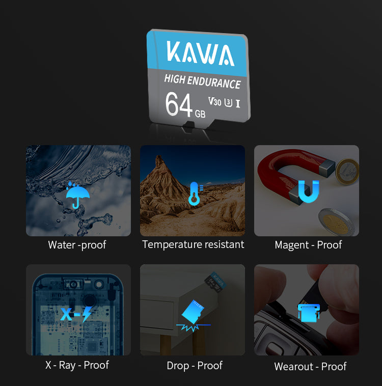 KAWA Carte Micro SD 64 Go, Carte de surveillance vidéo haute endurance, Carte mémoire flash microSDXC, A1, U3, Classe 10, V30, Carte TF haute vitesse pour Dashcam, caméra de sécurité
