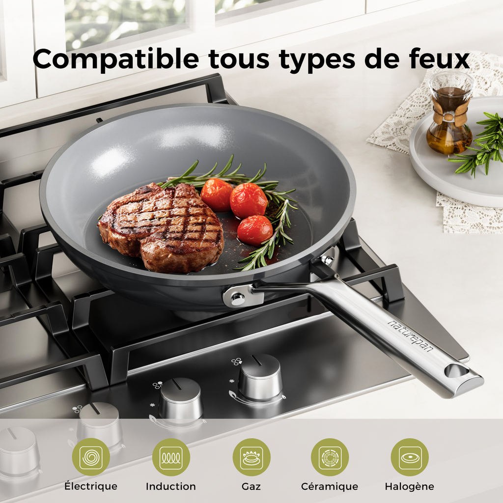 naturepan Poêle Céramique Diamant Titane 24 cm - Revêtement Antiadhésif Sans PTFE/PFOA/PFAS - Poignée Restant Froide - Compatible Induction & Four - Lave-Vaisselle - Gris