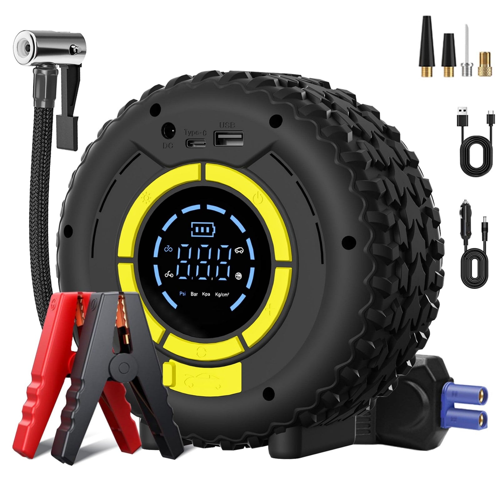 COCCKO Démarreur de batterie de voiture avec gonfleur 150 PSI, compresseur de secours 120 W, 4 modes intelligents, écran LCD, éclairage LED et mode SOS