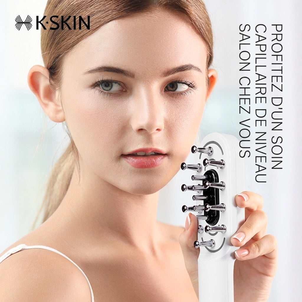 K·SKIN KD3806 Peigne de massage du cuir chevelu/Peigne nourrissant pour le cuir chevelu, Microcourant EMS + Quadruple Luminothérapie LED + Conception d'infusion de stockage de liquide