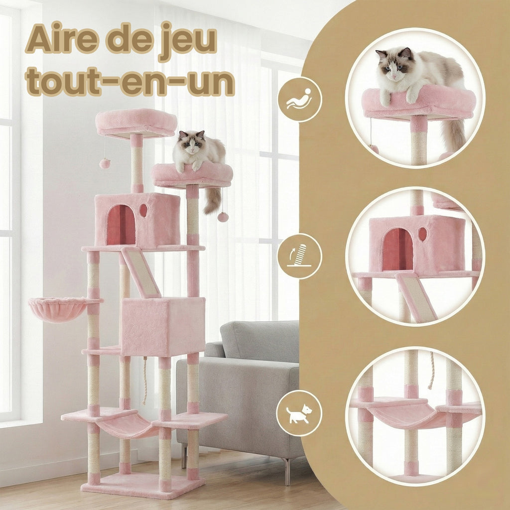 Arbre à chat hauteur 206 cm avec 13 griffoirs, 2 plateformes, 2 niches et panier, hamac, pompon - Rose bonbon