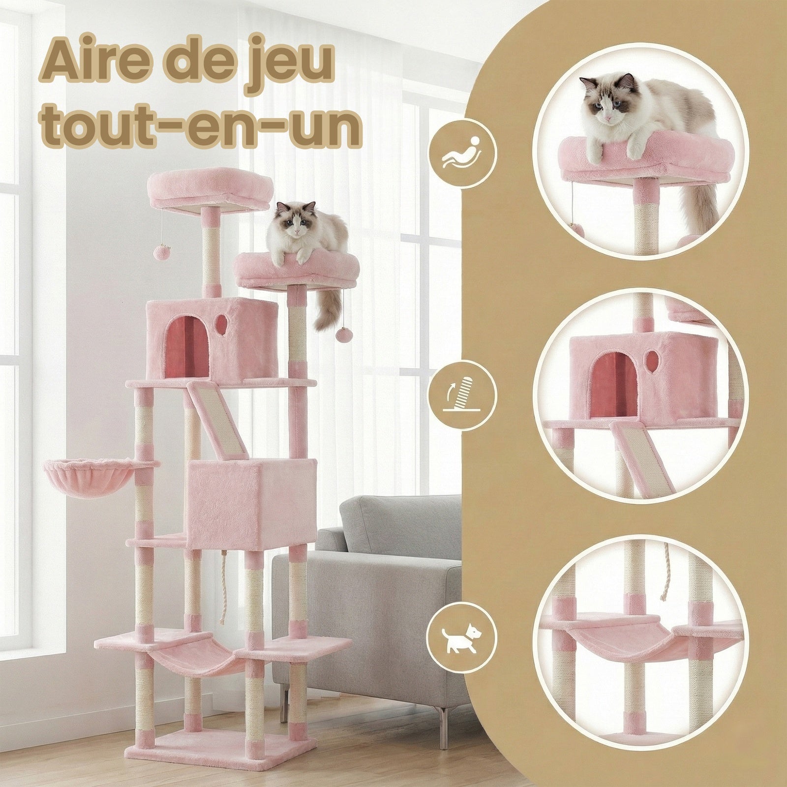 Arbre à chat hauteur 206 cm avec 13 griffoirs, 2 plateformes, 2 niches et panier, hamac, pompon - Rose bonbon