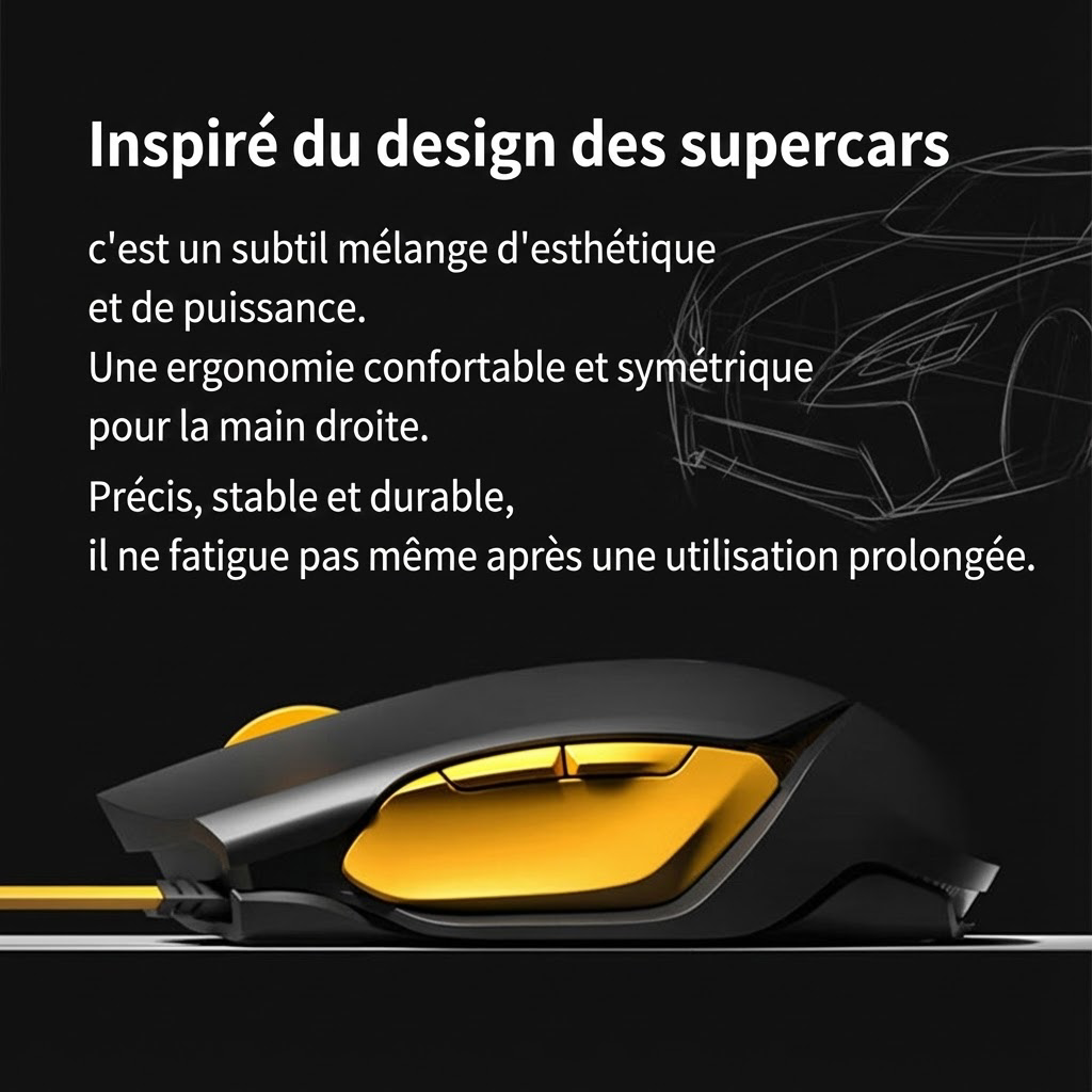 Ochama Souris filaire - Souris ergonomique, Capteur optique, Taux d’interrogation 1000 Hz, Matériau résistant à la transpiration, DPI 4 niveaux, Câble anti-enchevêtrement, Noir et jaune