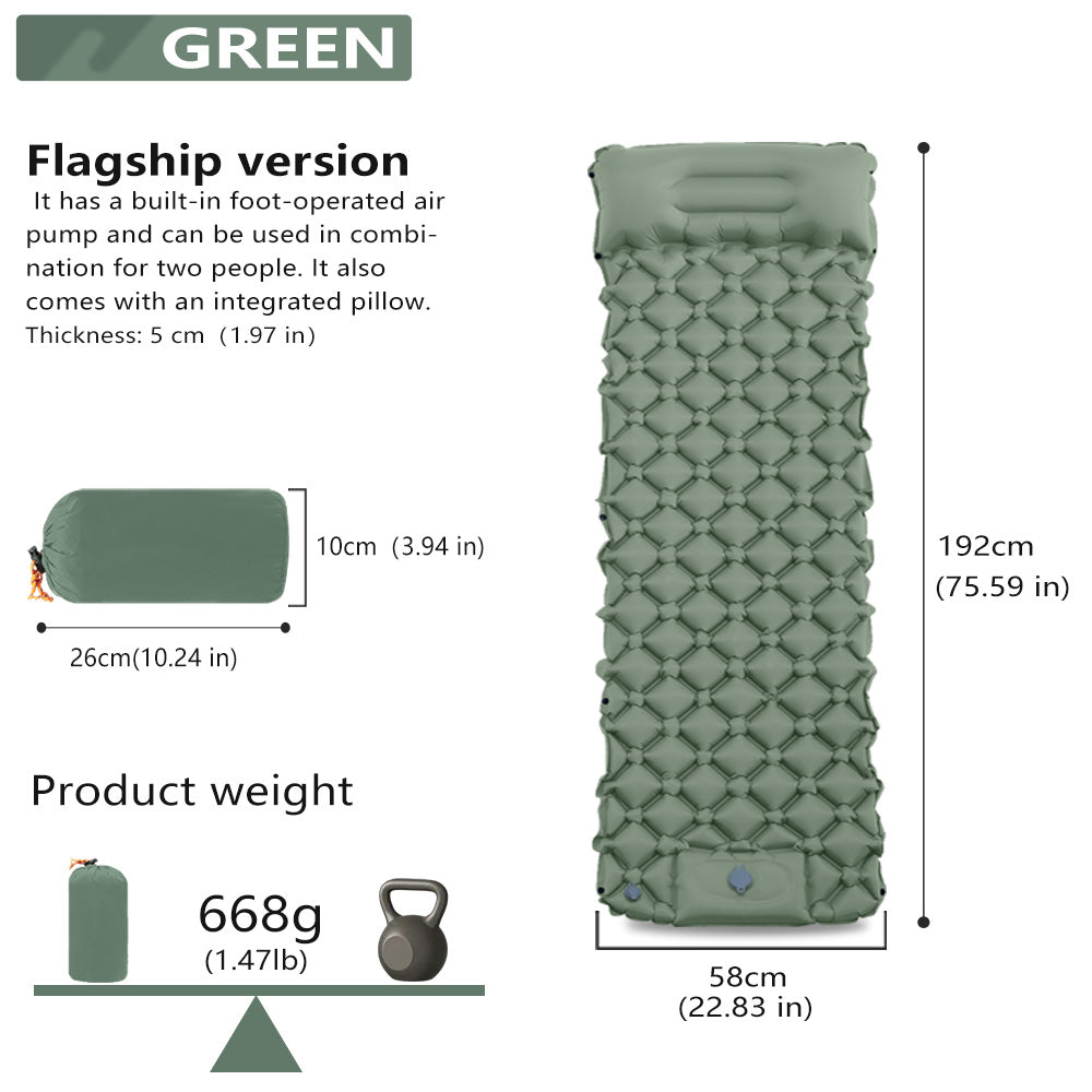 VXOYO Tapis de couchage de camping - Taille simple 192×58 cm / 75,6×22,8 in, Tapis gonflable ultraléger avec oreiller intégré et pompe à pied. Dimensions emballé : 26×10 cm / 10,2×3,9 in