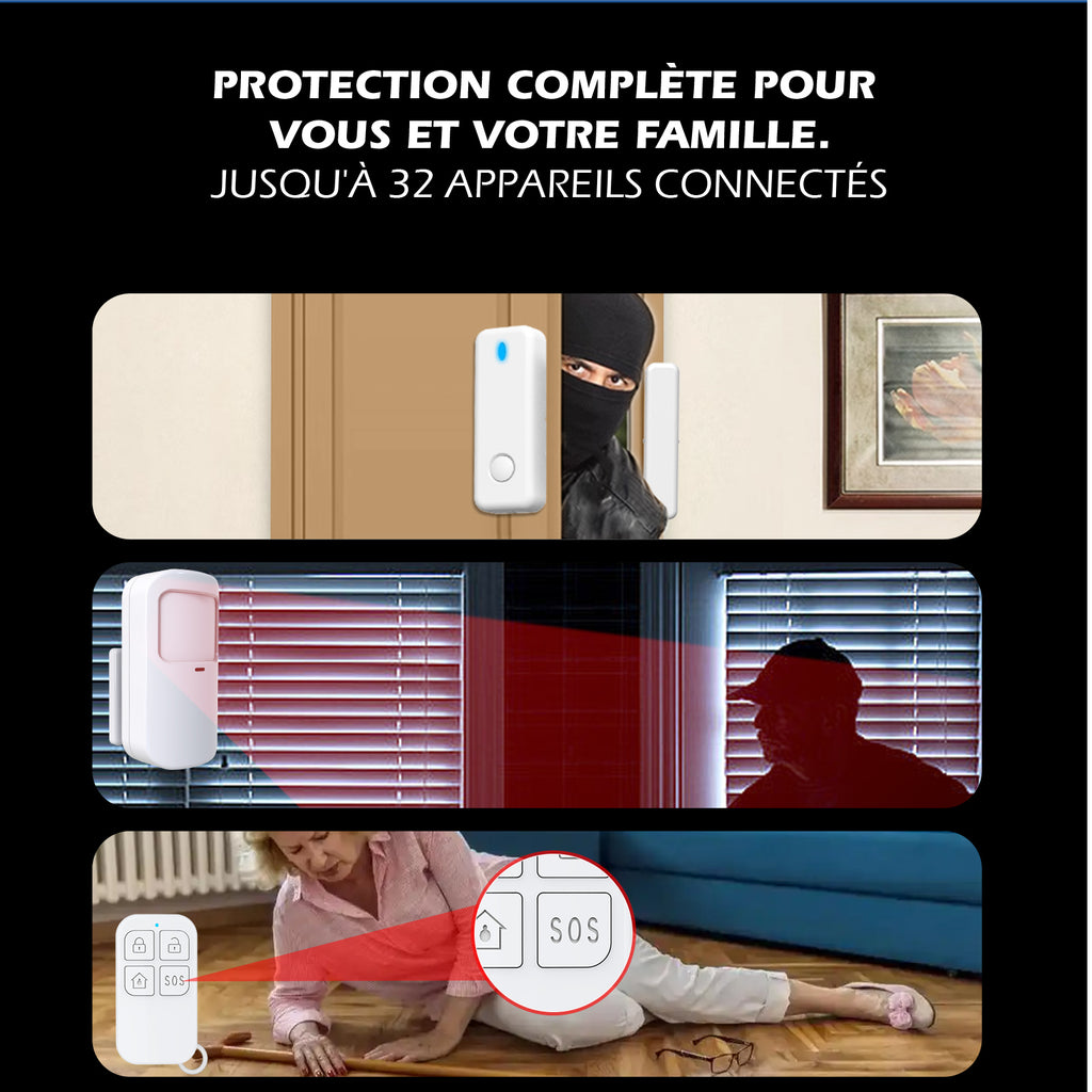 KYF Hikers Kit d’alarme extensible connecté Wi-Fi 434 MHz avec caméra IP 4 MP, sirène intégrée 90 dB, détecteur de mouvement, capteur porte/fenêtre et deux télécommandes