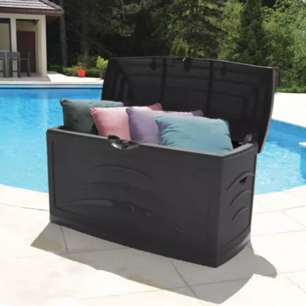 EDA Malle de jardin Gris anthracite SERENA 310 L Cadenassable avec roulettes - anti étouffement - anti UV Produit à monter sans outils Dim.121 x 55 x 66 cm