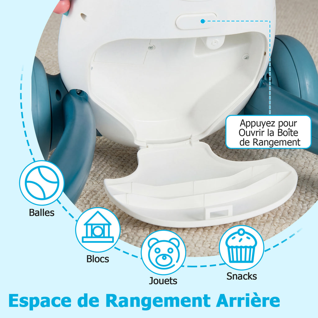 Poussette d'apprentissage pour bébé avec musique et lumières, aide à la marche, jouet de tri de formes et engrenages rotatifs, bleu