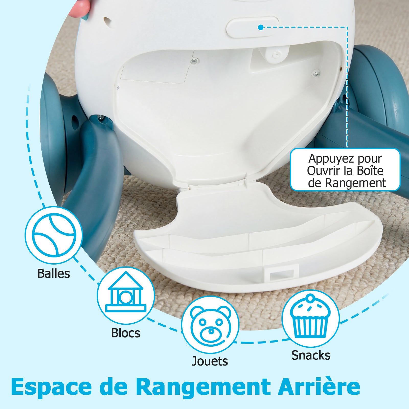 Poussette d'apprentissage pour bébé avec musique et lumières, aide à la marche, jouet de tri de formes et engrenages rotatifs, bleu