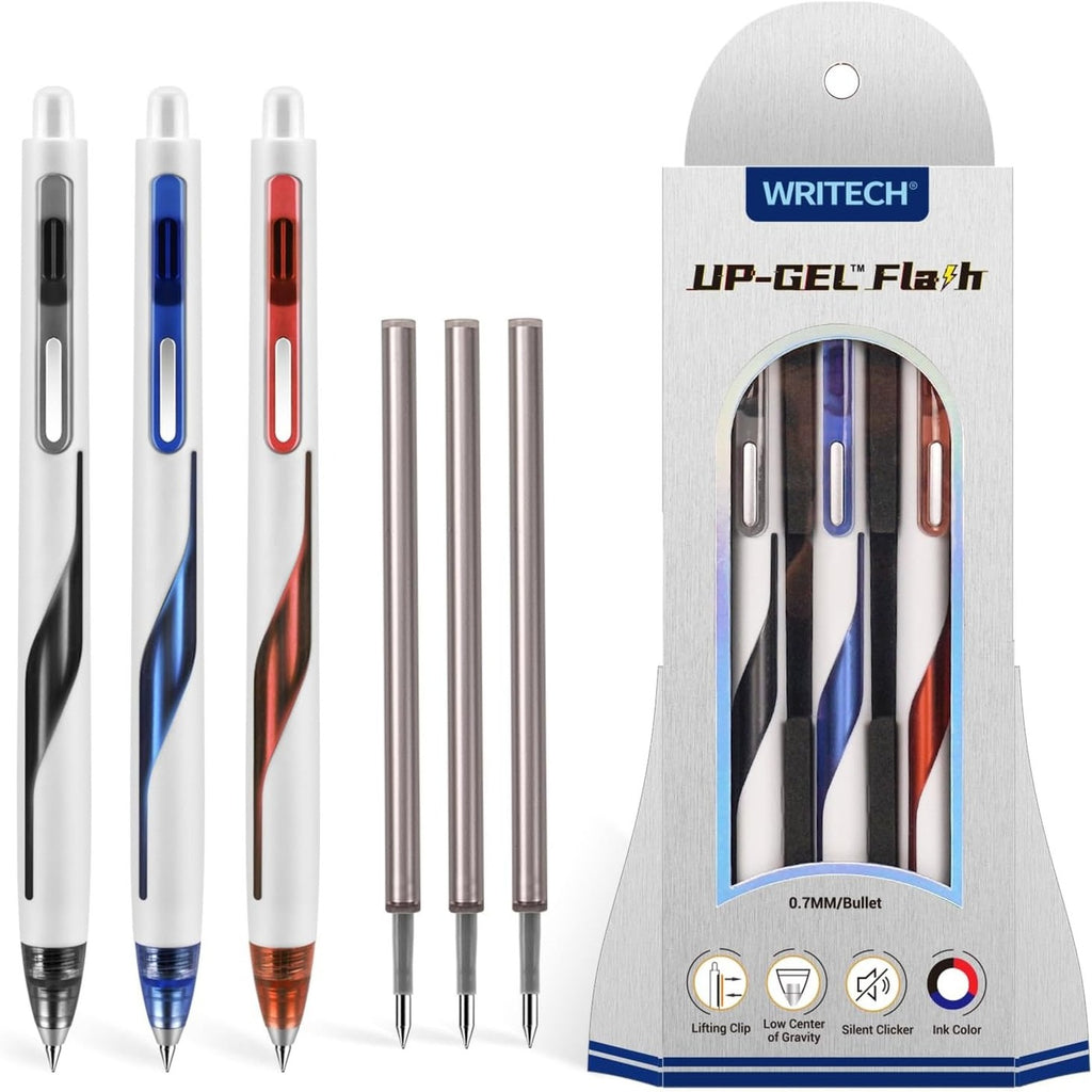 WRITECH Lot de 3 stylos à encre gel rétractables avec pointe moyenne 0,7 mm et recharges - Noir/Bleu/Rouge
