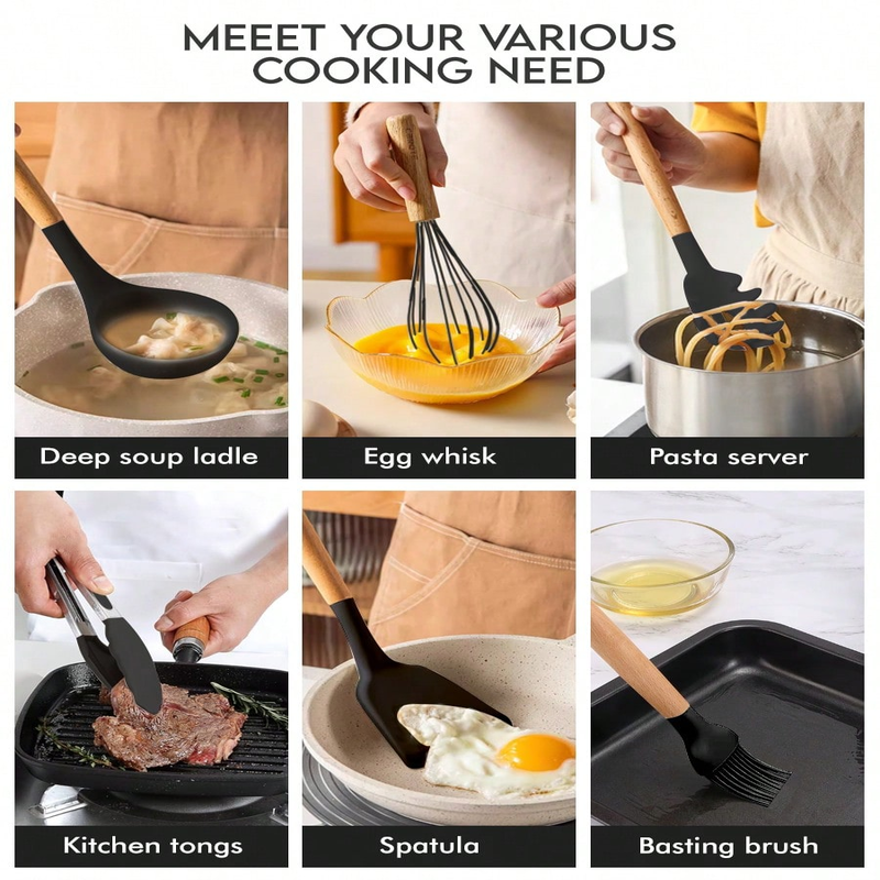 MEOKY Ensemble de 12 ustensiles de cuisine en silicone avec petit porte-objets - Noir