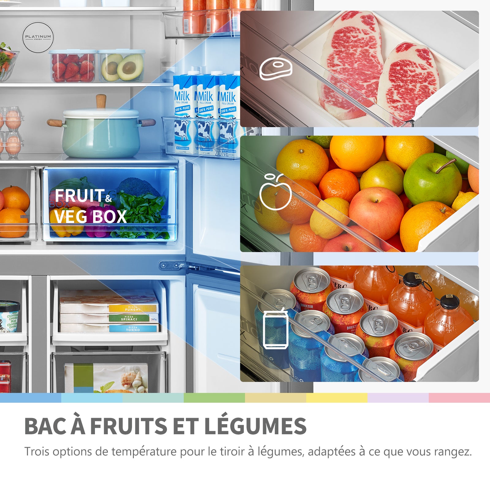 Comfee by Midea' RCF470LS2EU(E) Réfrigérateur 4 portes 474 L | Vario Box | Tiroir à légumes avec 3 températures | Plateau basculant | Contrôle et surveillance de la porte non ouverte – Argent