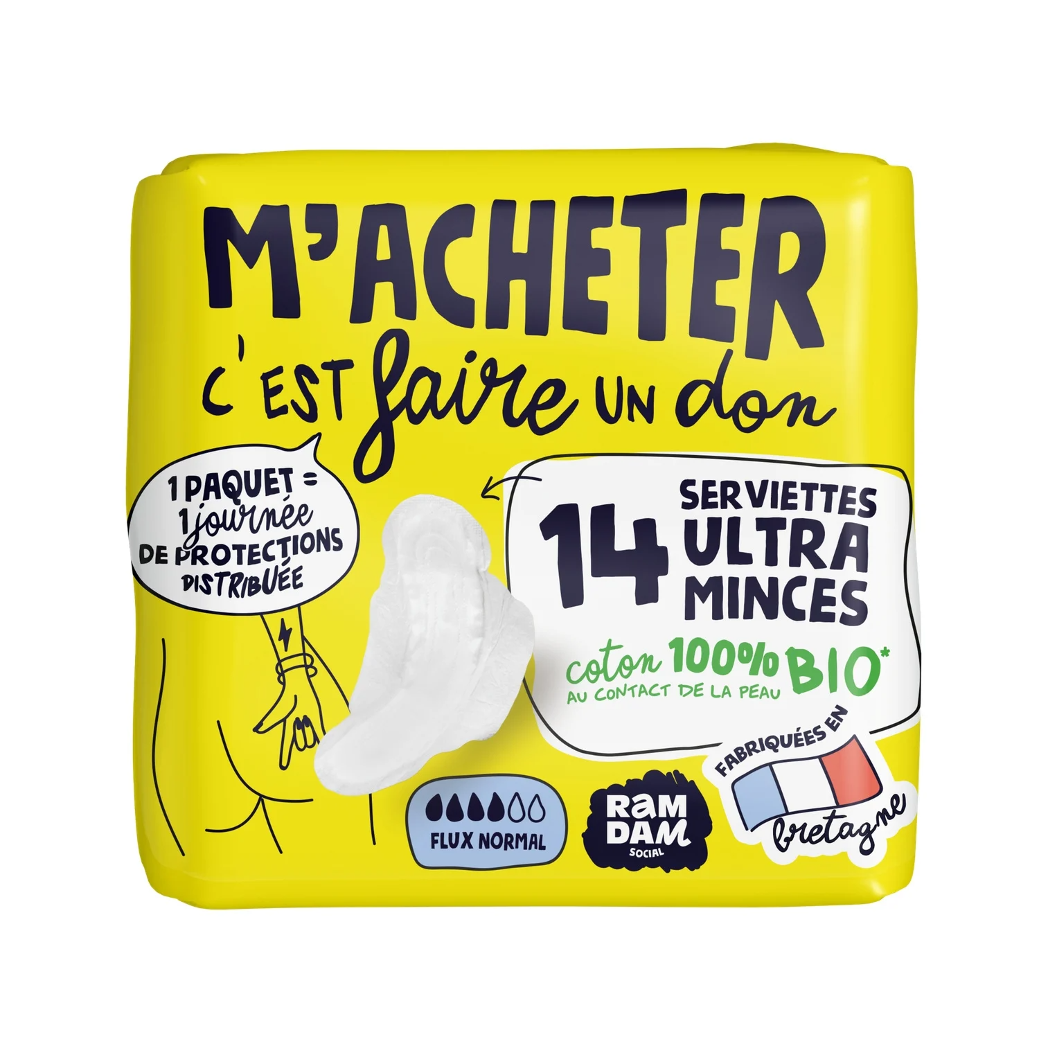 RAMDAM SOCIAL Serviettes Hygiéniques Ultra-Minces avec Ailettes Flux Normal Coton Bio x14