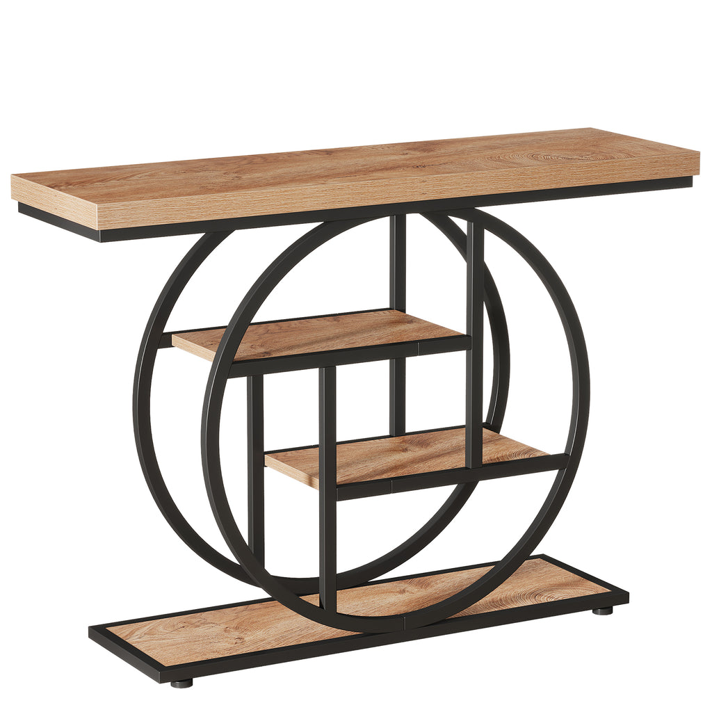 Tribesigns Table console 105 cm, Table derrière canapé industrielle à 4 niveaux pour entrée avec base circulaire, Table d'appoint étroite en bois avec étagères de rangement pour salon