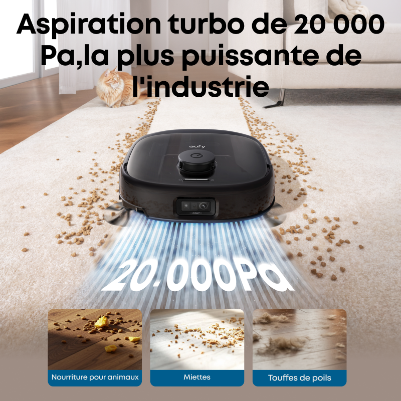 EUFY Robot aspirateur laveur 3-en-1 Omni E28, aspiration + lavage + nettoyage en profondeur portatif, aspiration de 20 000 Pa, HydroJet™ 360 fois/min, brosse anti-emmêlement, couverture de 180 m²