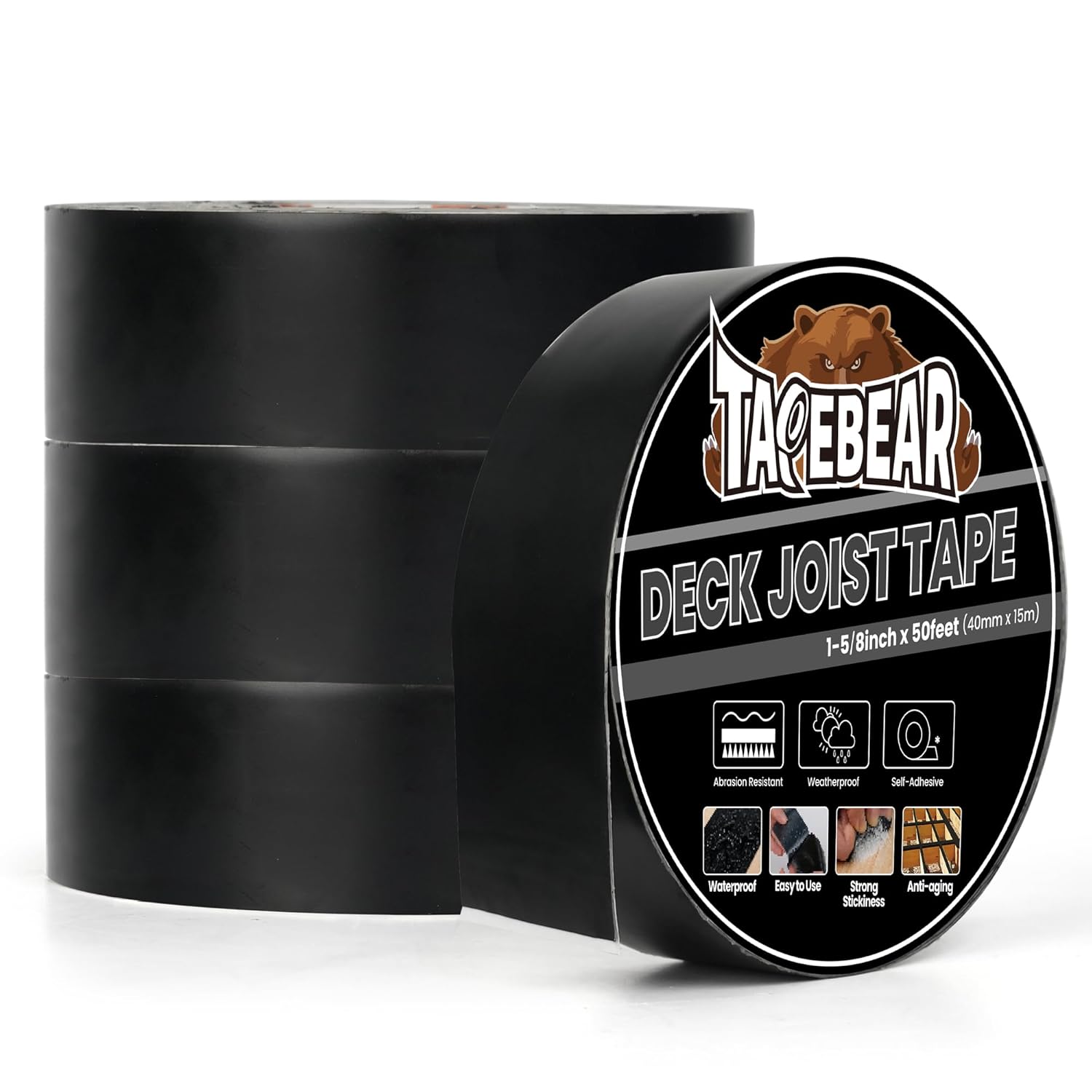 TAPEBEAR Ruban de bois de charpente Butyl Sealant, 4 cm x 15 m, ruban d’étanchéité pour poutres de bois de terrasse, imperméable, antirouille, résistant aux intempéries, pour rebord et toit, 4 rouleaux