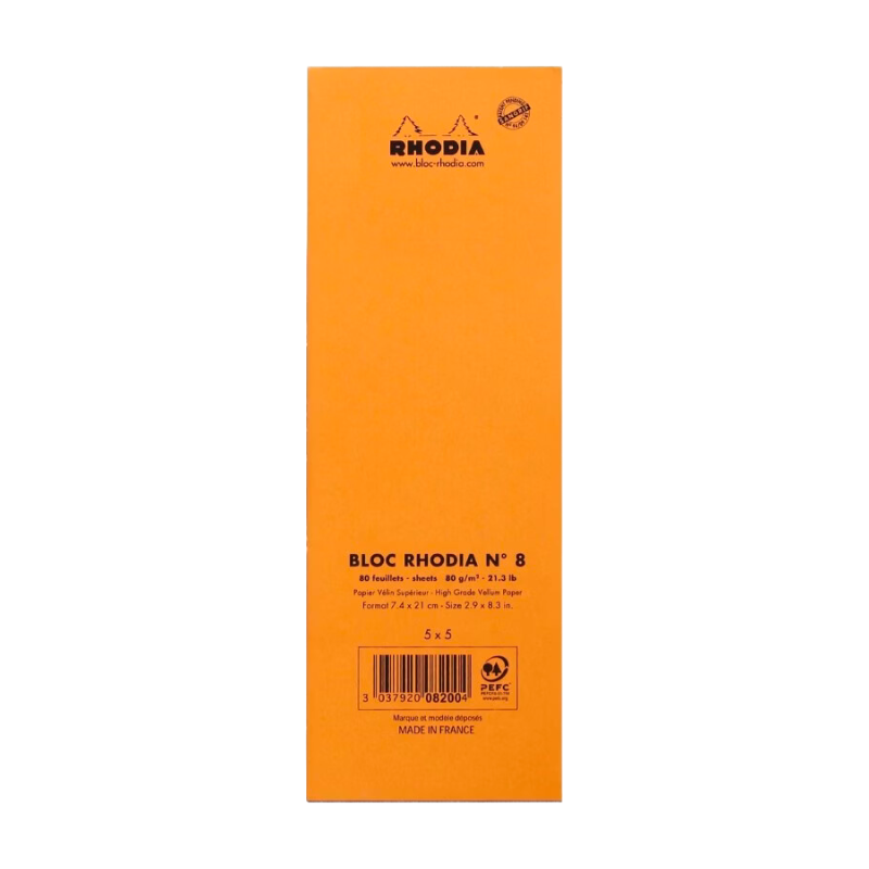CLAIREFONTAINE Bloc agrafé Rhodia ORANGE N°8 7,4x21 cm 80 feuillets petits carreaux 5x5 80 g