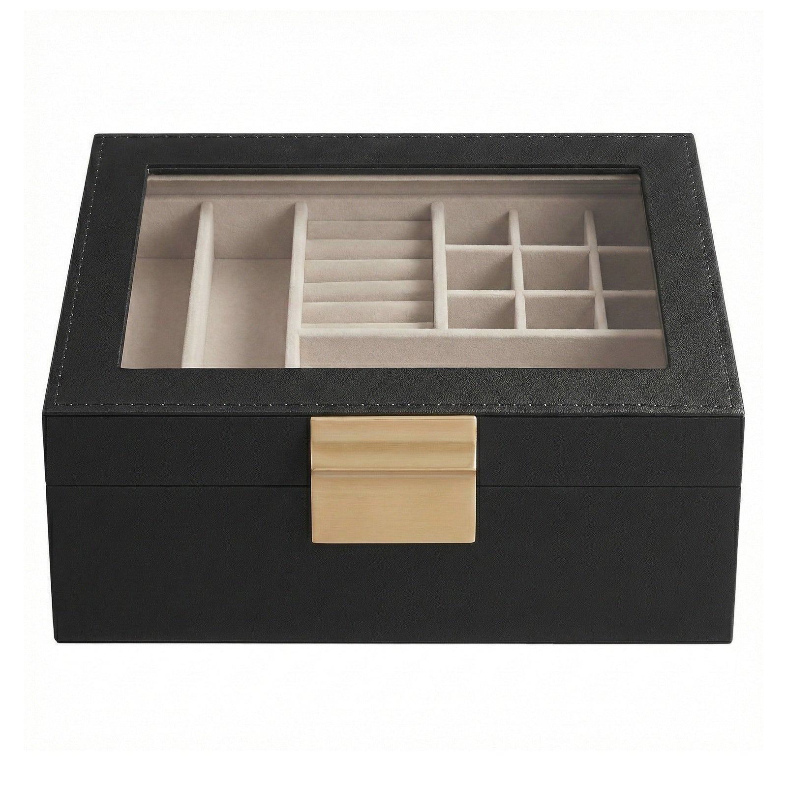 JOYFURNOS Boîte à Bijoux avec Couvercle en Verre, Organiseur à Bijoux 2 Niveaux avec Plateau Amovible, Rangement pour Bijoux, Style Moderne, Cadeau pour Vos Proches, Noir Graphite et Or Métallique