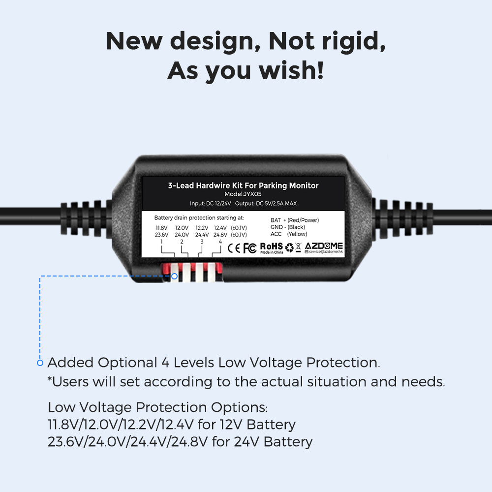 Azdome JYX05 Ensemble de câblage USB Type-C, 12 V-24 V à 5 V/2,5 A avec protection contre les basses tensions et chargeur pour caméra embarquée de 3,6 m