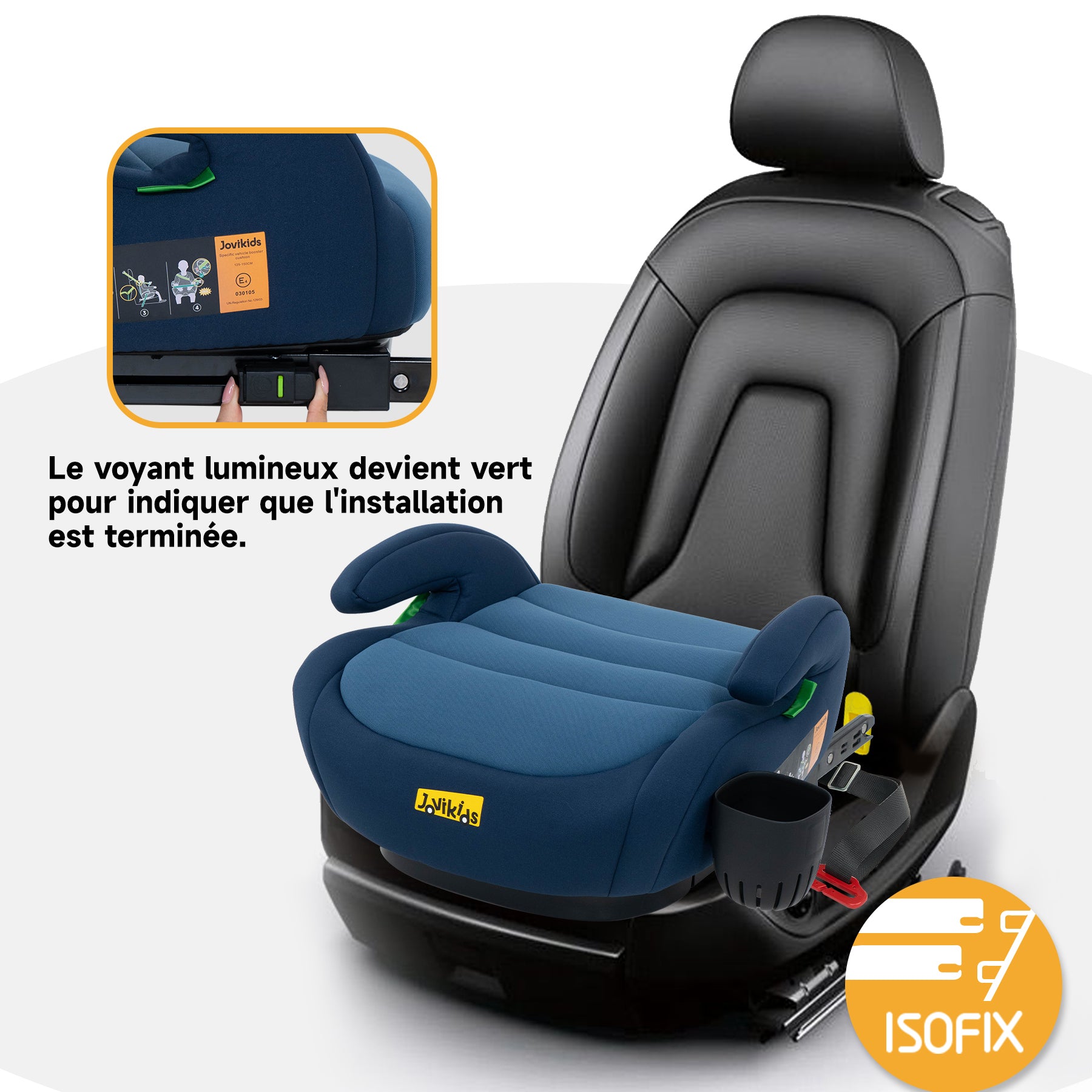 Jovikids OHHO +ISOFIX ECE R129 Siège auto rehausseur pour enfants de 15–36 kg avec rembourrage en tissu épaissi et porte-gobelet, facile à nettoyer - Bleu océan
