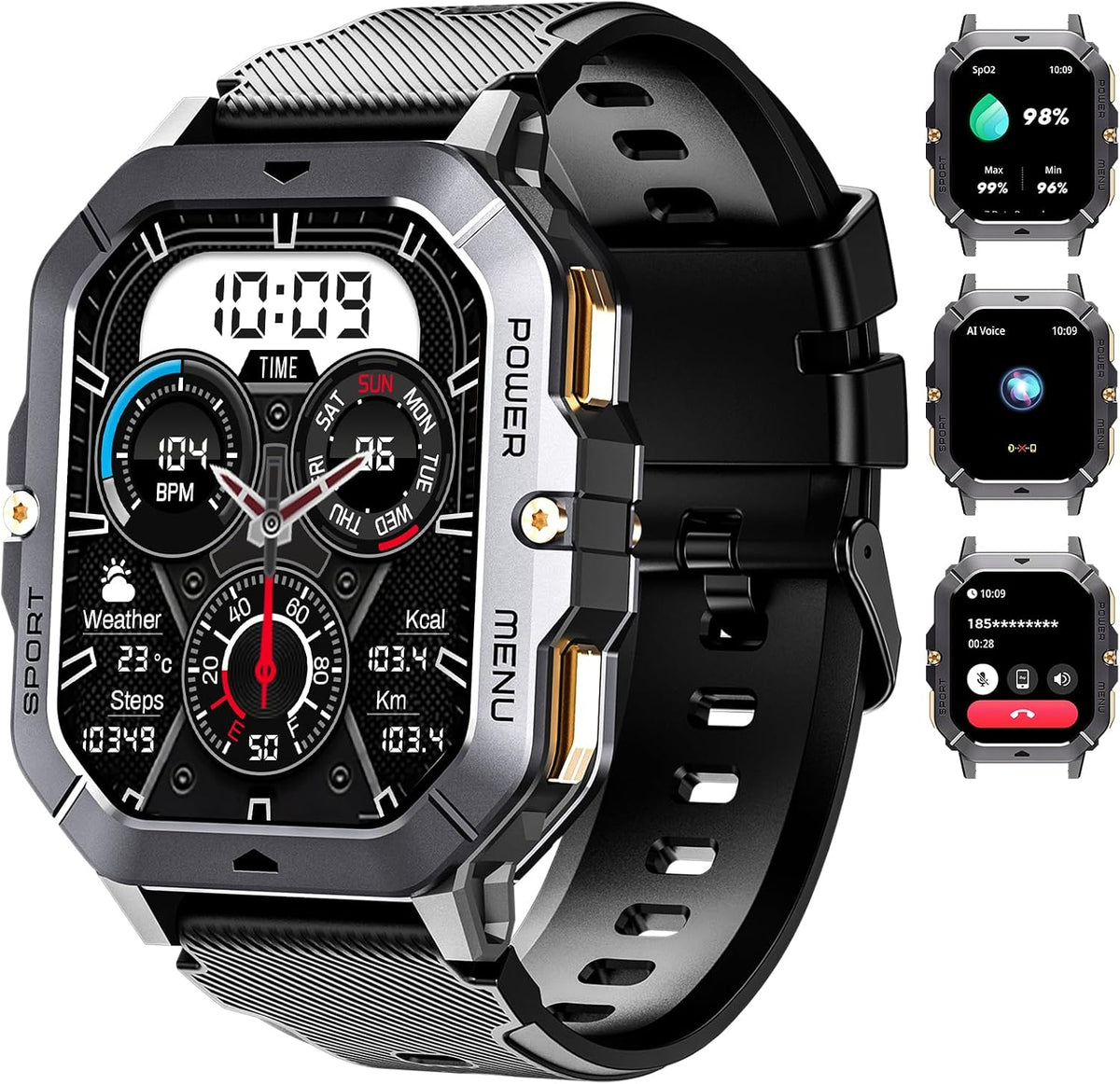 OUKITEL BT101 Montre Connectée Noire-Montre connectée militaire homme écran 2,02 pouces appel Bluetooth étanche tracker fitness 410mAh plus de 100 modes sportifs compatible Android iOS