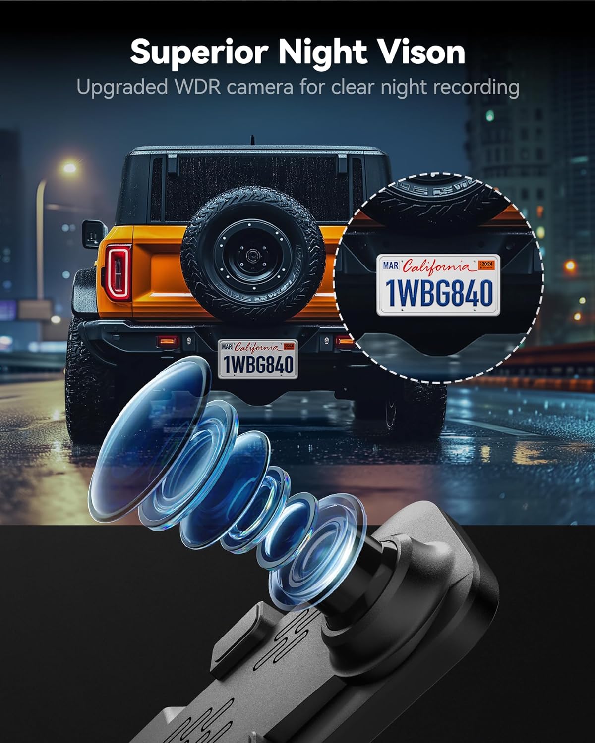 WOLFBOX G840S 12" 4K Dashcam avec rétroviseur, caméra de recul, miroir rétroviseur intelligent WiFi 5,8 GHz pour voitures et camions, double caméra avant et arrière, vision nocturne
