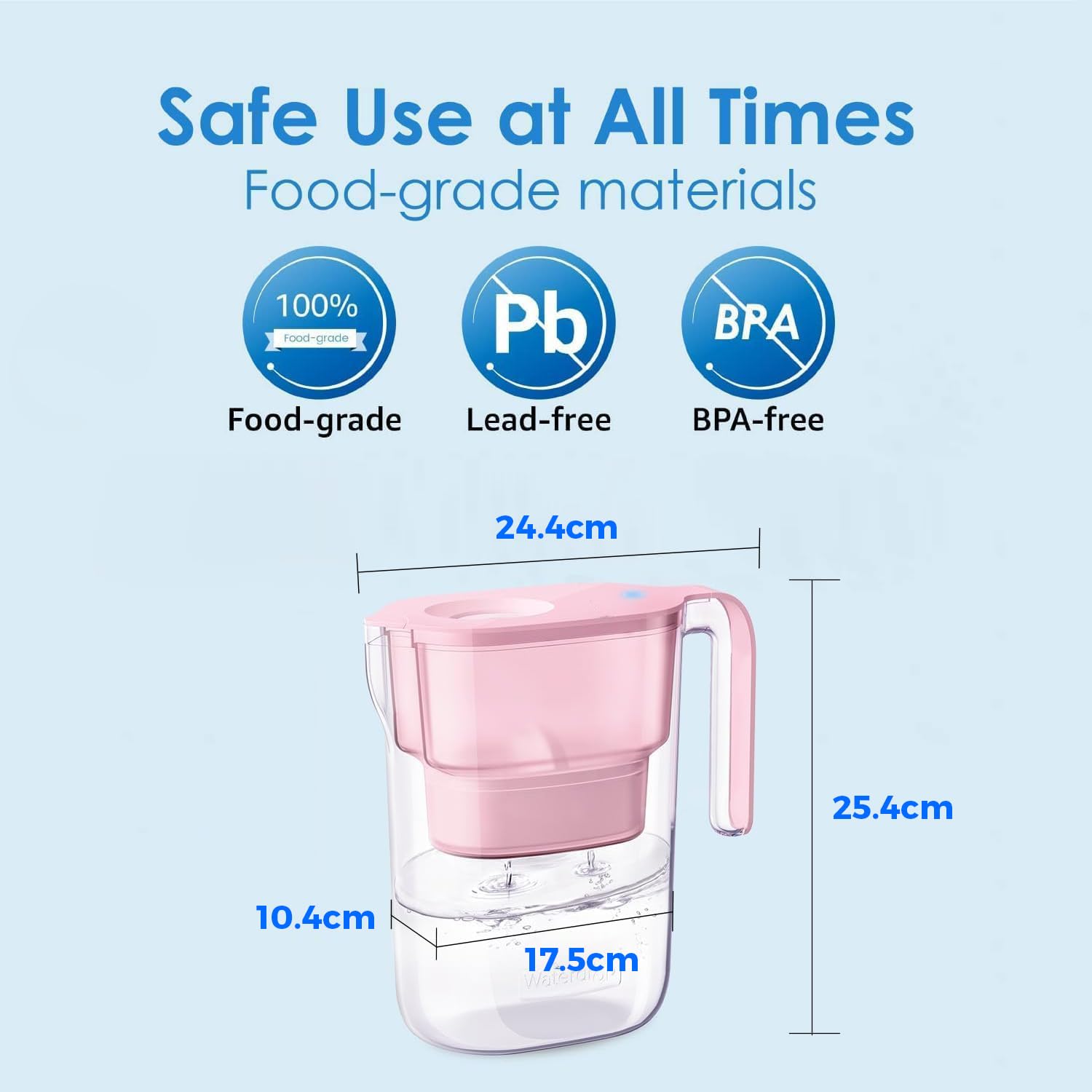waterdrop Elfin Carafe Filtrante Réfrigérée avec 1 Cartouche Filtrante de 90 Jours, Réduit le Fluor, le Chlore et Plus, 2,5 L, Certifiée NSF, Sans BPA, Rose (Filtre de Remplacement : WD-PF-01A Plus)