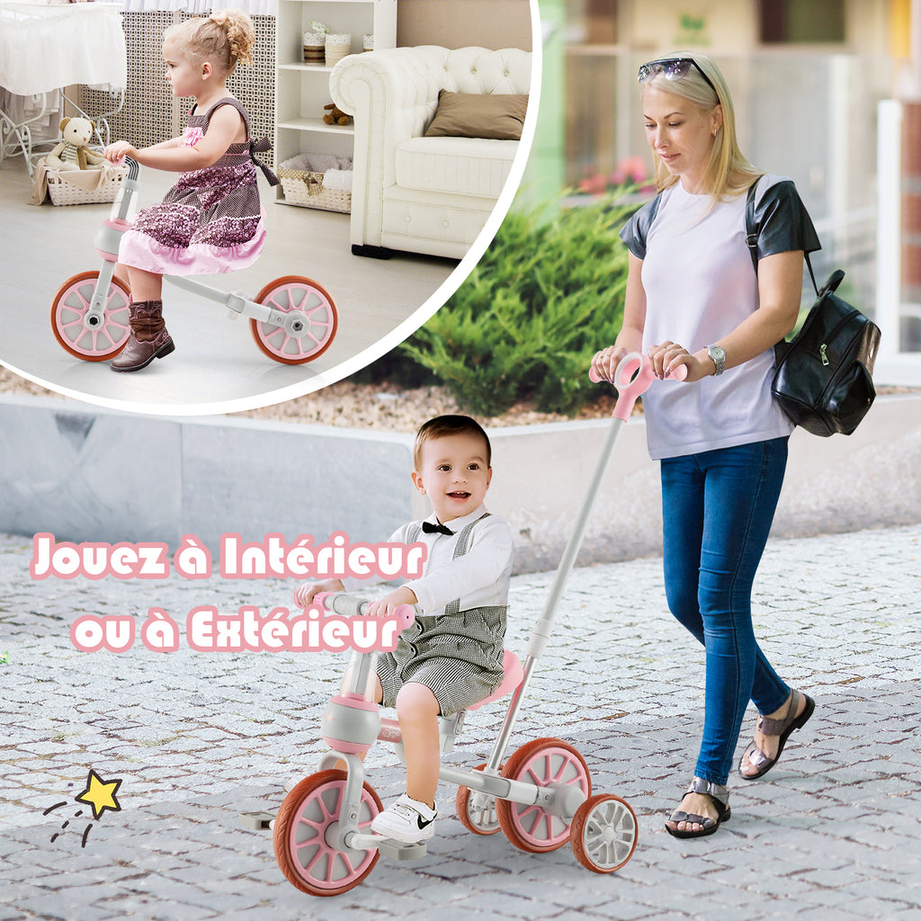 Costway Tricycle enfant 4-en-1 avec barre de poussée parentale réglable, adapté aux 2-4 ans - Rose