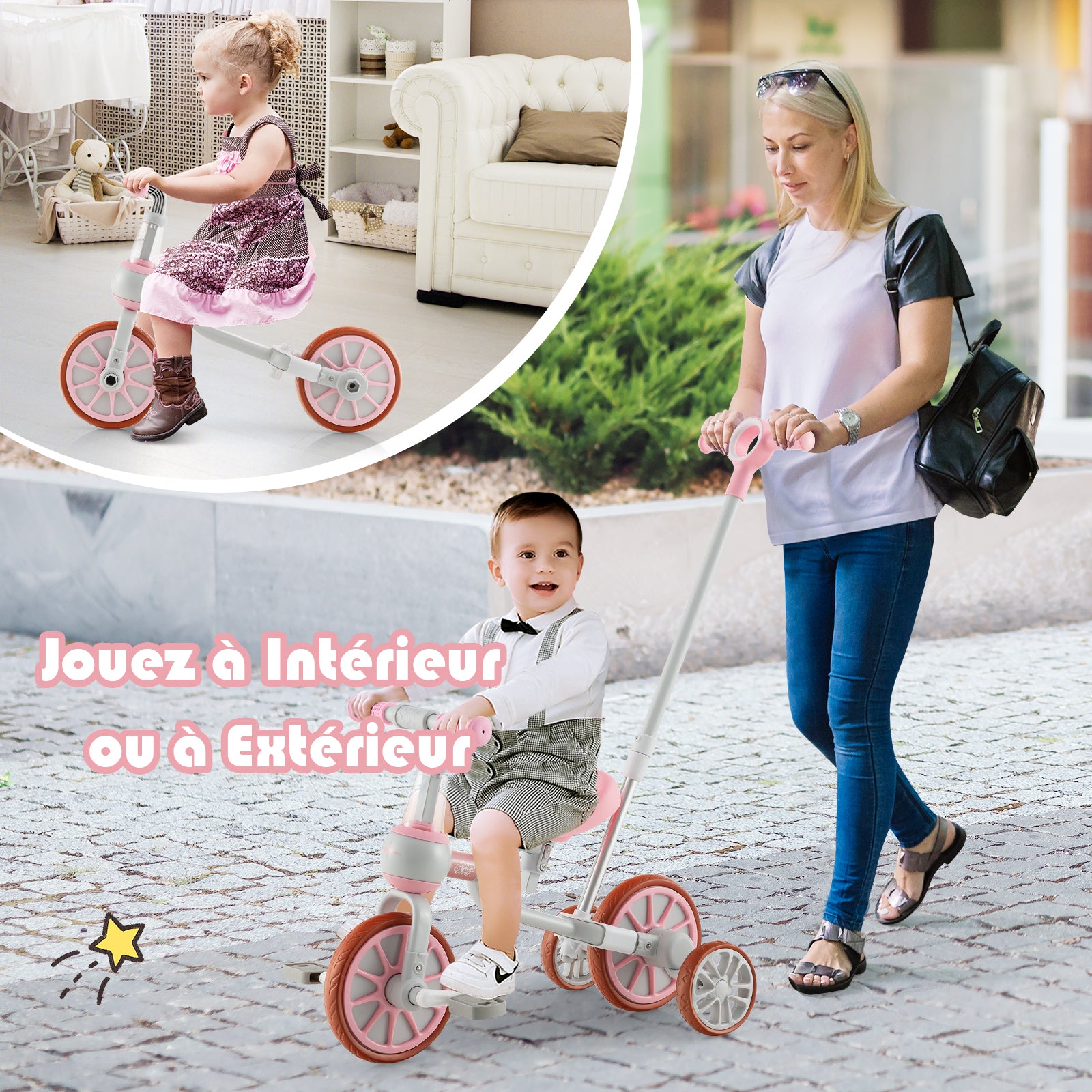 Costway Tricycle enfant 4-en-1 avec barre de poussée parentale réglable, adapté aux 2-4 ans - Rose