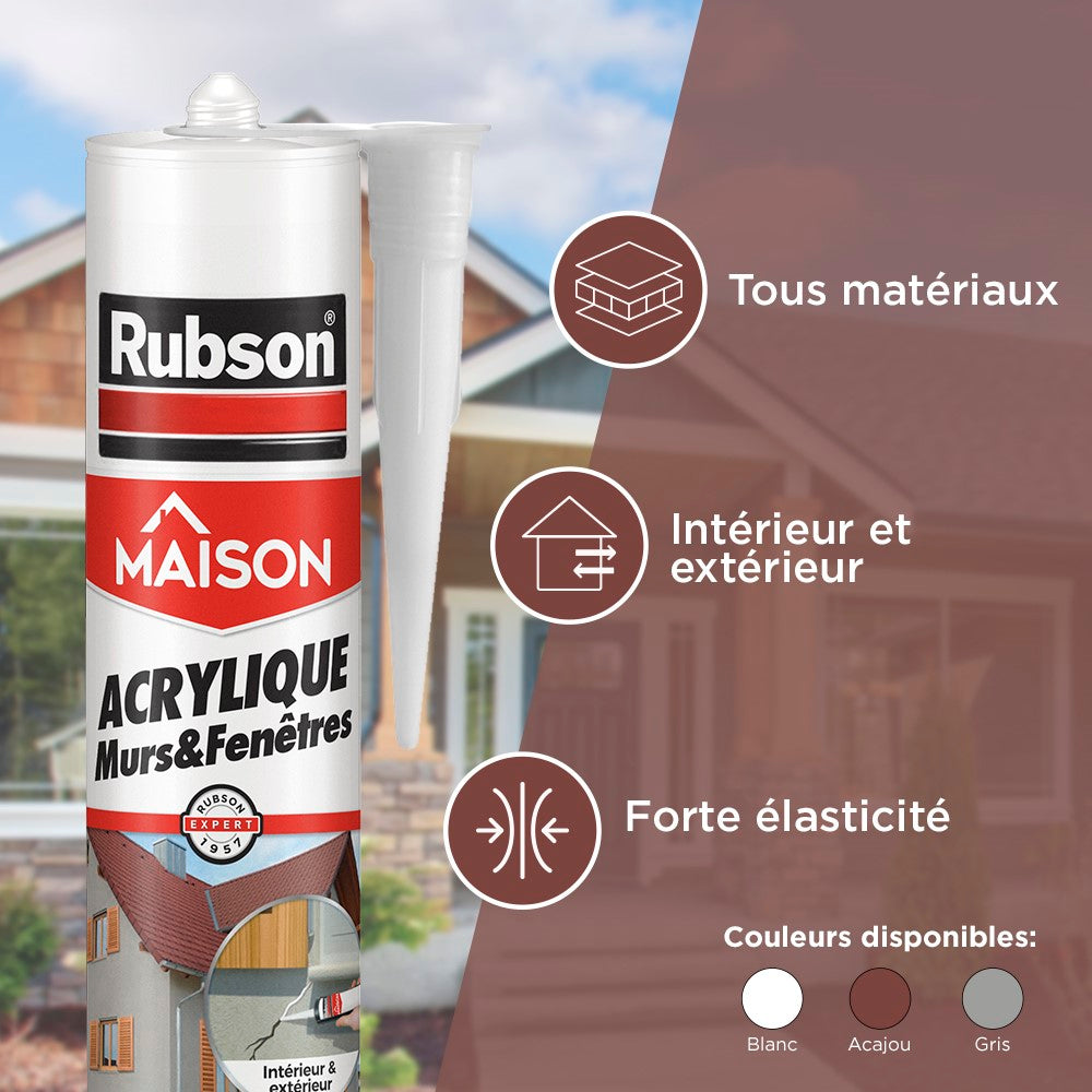 Henkel Rubson | Mastic Maison Acrylique Murs & Fenêtres Banc (cartouche de 280 ml) – Mastic acrylique pour intérieur & extérieur – Comble fissure, joint porte et fenêtre
