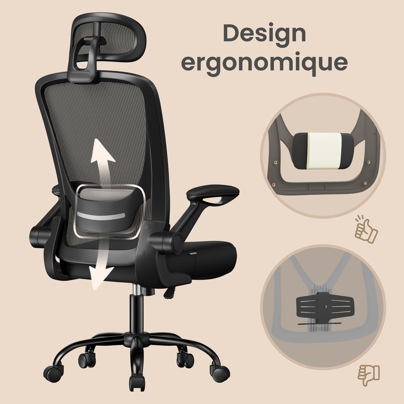 JOYFURNOS Chaise pivotante ergonomique en maille noir encre - 62 x 62,4 x 120,4-127,4 cm - Soutien lombaire et appui-tête, assise large, accoudoirs relevables, fonction d'inclinaison