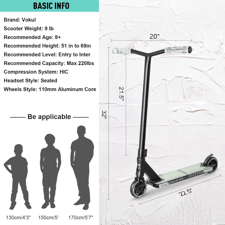VOKUL K1 Pro Trottinette - Trottinette freestyle | Trottinette de figures - Trottinette freestyle niveau intermédiaire et débutant pour enfants de 8 ans et plus