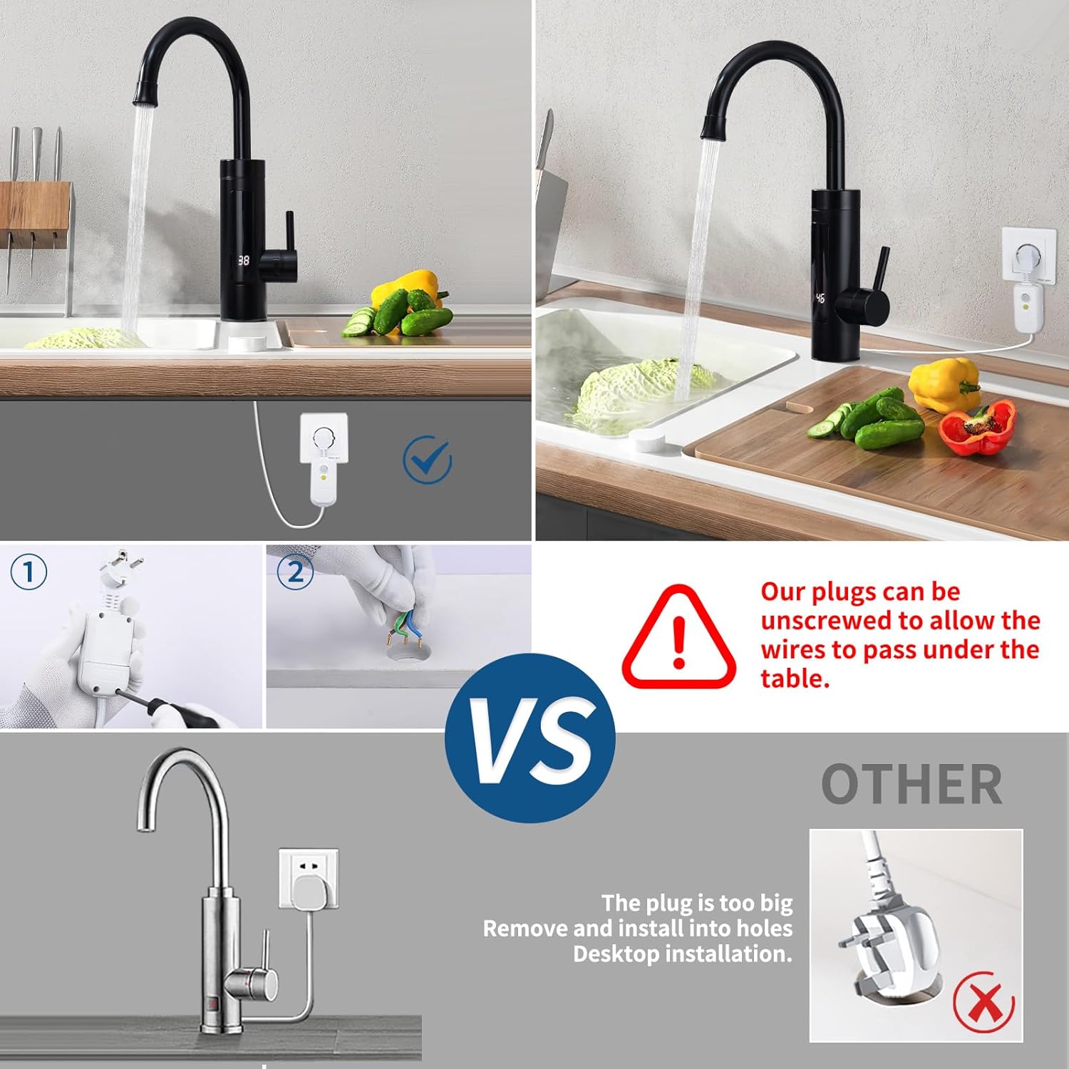 HOMELODY Robinet électrique avec chauffe-eau instantané 230 V, chauffe-eau de cuisine, robinet de cuisine LED, robinet électrique en acier inoxydable - Noir mat