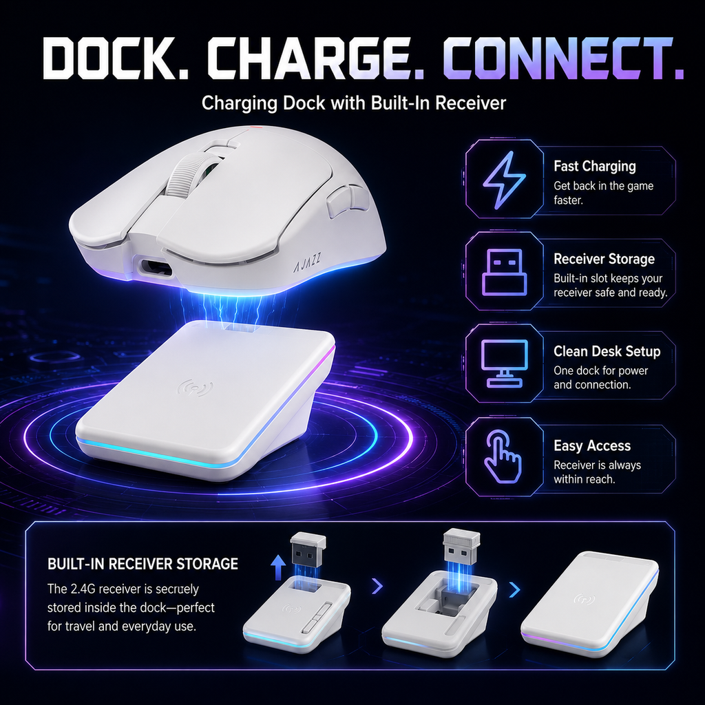 AJAZZ AJ200 AI MC Souris Gaming sans Fil avec Station de Charge, Assistant IA, Capteur PAW3311 24000 DPI, Tri-Mode BT/2,4G/USB-C, 63 g Légère Ergonomique pour PC Gaming Bureau