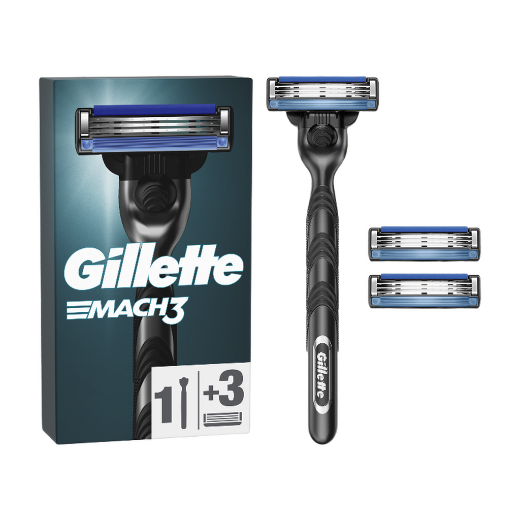 Gillette Rasoir Homme Mach 3, avec 3 Recharges, Noir | Manche Réutilisable, Cartouche à 3 Lames en Acier Inoxydable, Bande Lubrifiante, 1 Recharge Jusqu’à 15 Rasages