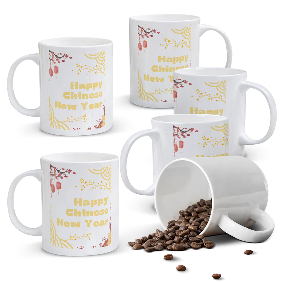 Alphynix 1 pc Tasse Nouvel An chinois 11 oz En céramique Avec lanternes rouges et fleurs de prunier Cadeau de fête pour amis Famille Collègues Cadeau d'anniversaire Saint-Valentin