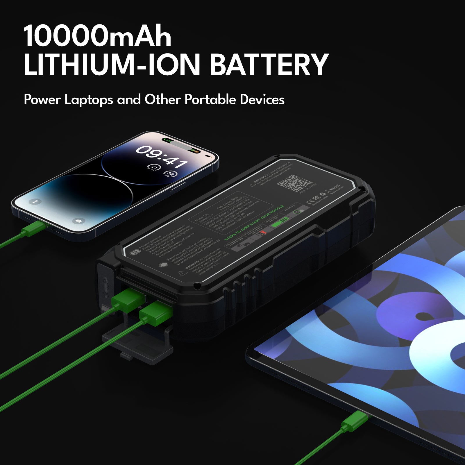 CAROSS Booster de démarrage compact 800 A 12 V, Noir, Batterie lithium 10000 mAh, Protection anti-étincelles et inversion de polarité, Fonction boost, Charge rapide QC 18 W, Étui de protection inclus