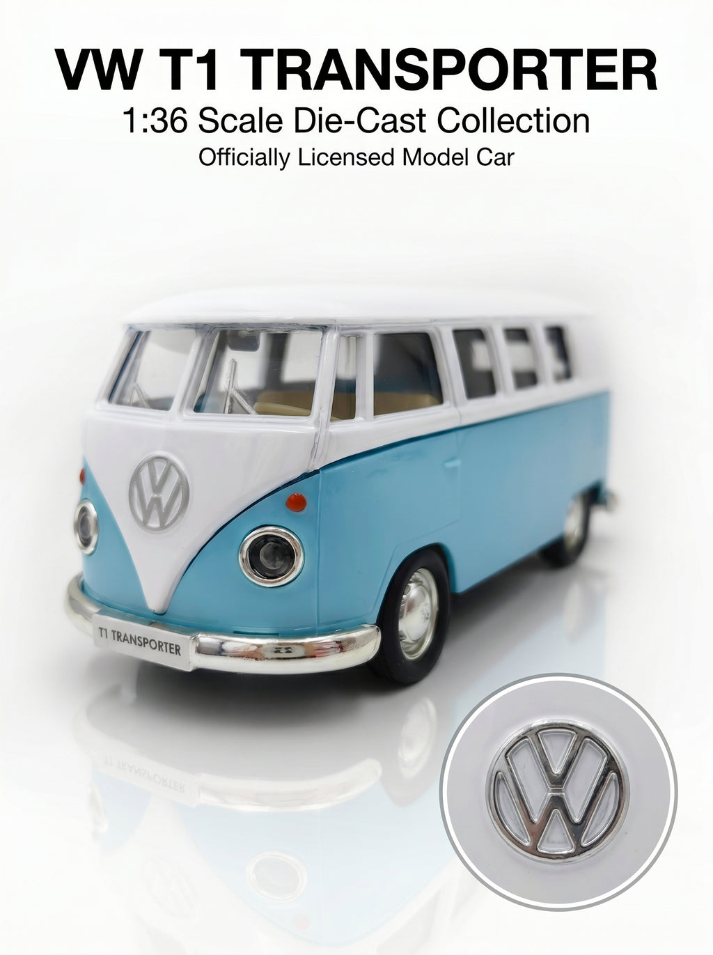 Modèle réduit 1:36 Volkswagen T1 – Bleu, portes ouvrantes, action à recul, voiture miniature moulée sous pression – jouet pour enfants, cadeau pour garçons, pièce de collection à exposer