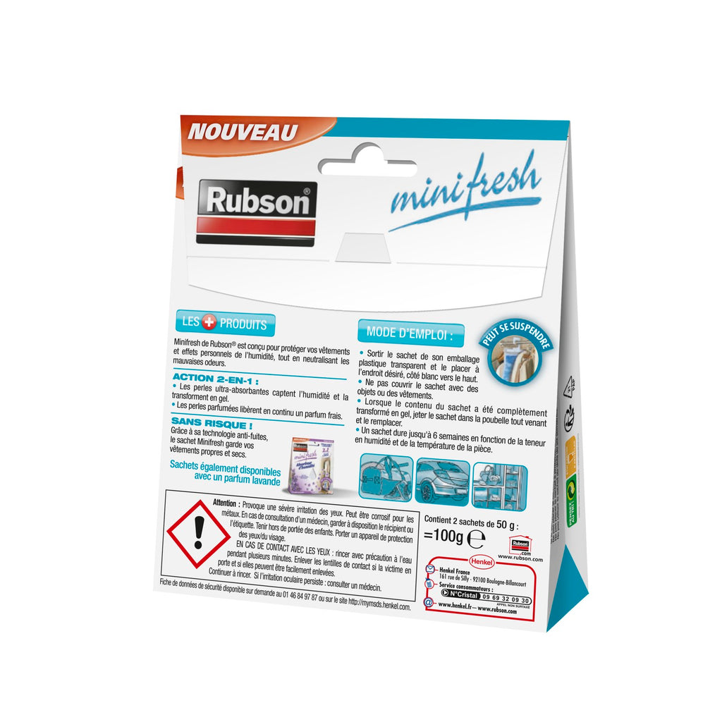 Rubson – Absorbeur d’humidité Minifresh parfum neutre (2 sachets de 50 g) – Idéal pour dressing, penderie, tiroir et placard – Efficace jusqu'à 6 semaines