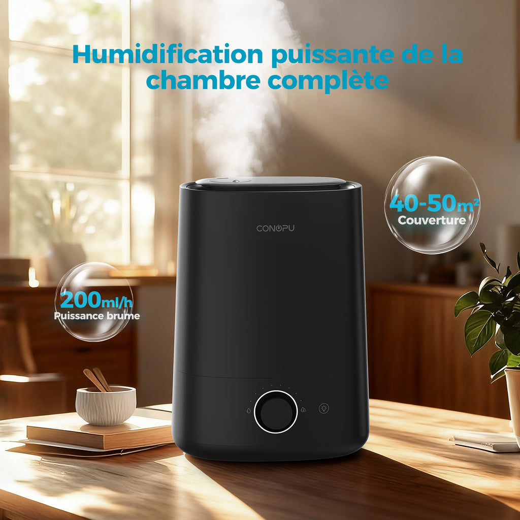CONOPU Humidificateur 5 L à remplissage par le haut avec diffuseur d’huiles essentielles, brume froide ultrasonique, buse rotative à 360°, veilleuse, autonomie de 50 h