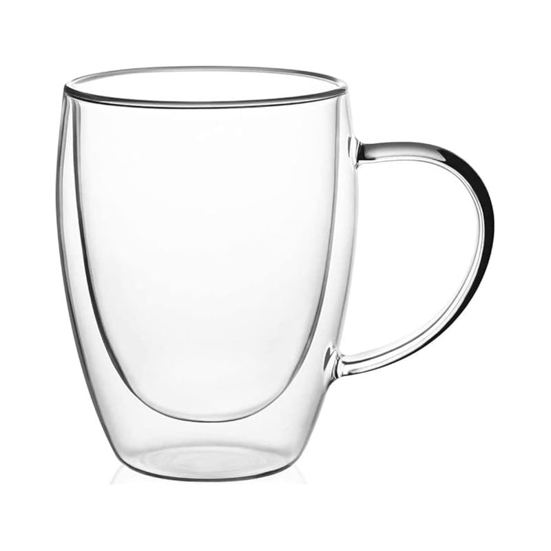 Lot de 2 Mugs à Café en Verre Double Paroi avec Anse, 350ml Verre Isotherme Transparent pour Boissons Chaudes et Froides, Latte, Cappuccino