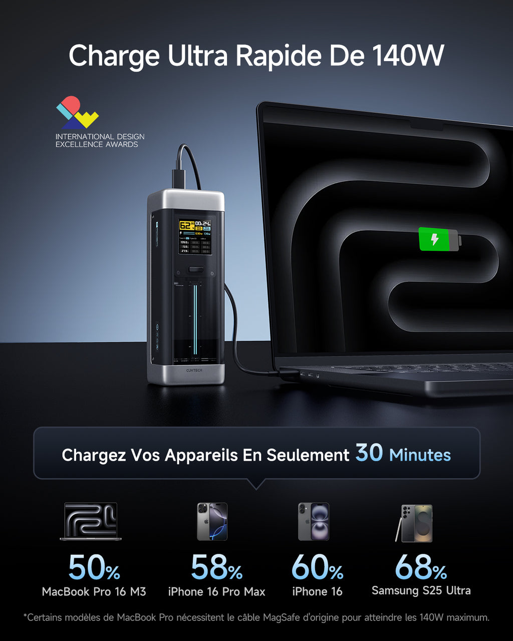 CUKTECH NO.20 P23 Batterie portable à charge rapide 25 000 mAh 140 W USB-C 3 ports PD3.1 - Gris
