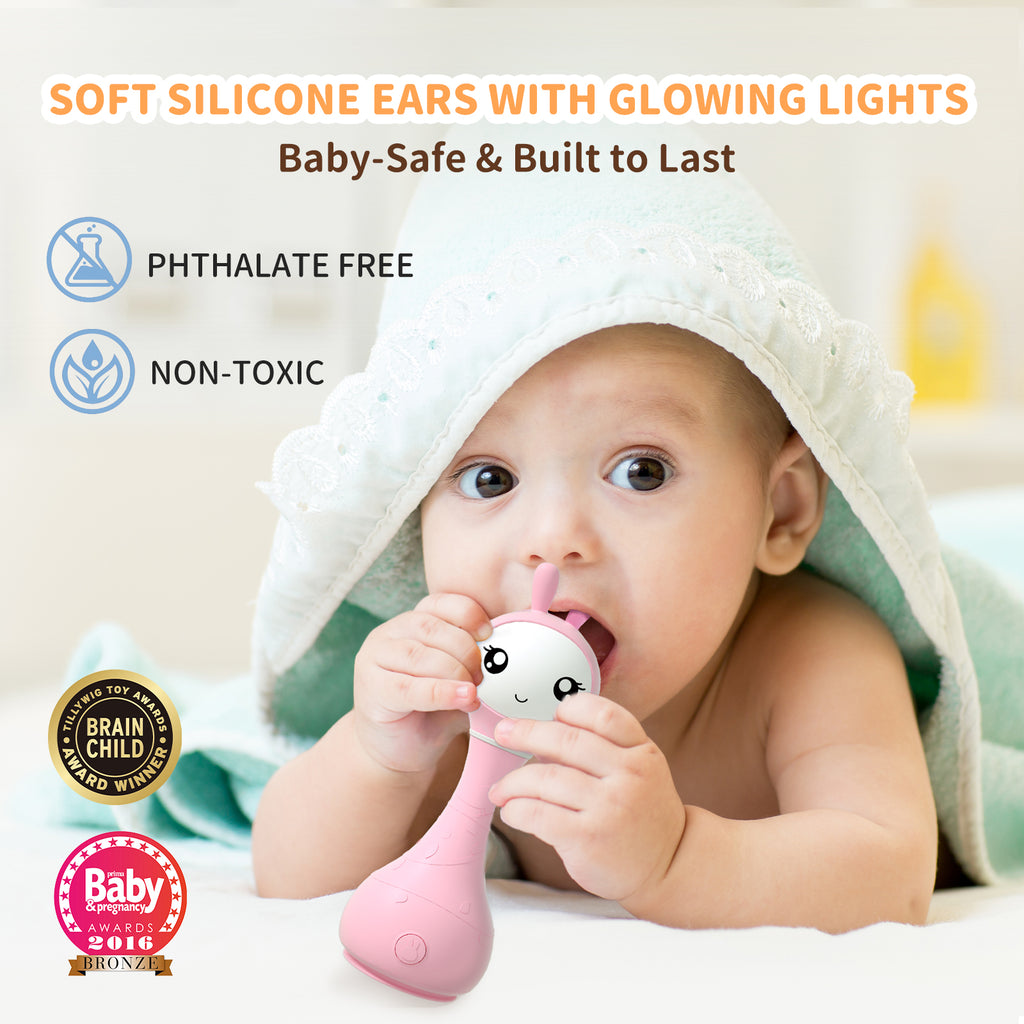 alilo Smarty Bunny Hochet Bébé Jouets Musiques Lumineux pour Bébés 0+ Mois Cadeaux pour Filles, 5 Modes Musiques et Fonction de Reconnaissance des Couleurs avec 9 Cartes de Couleurs, Rose
