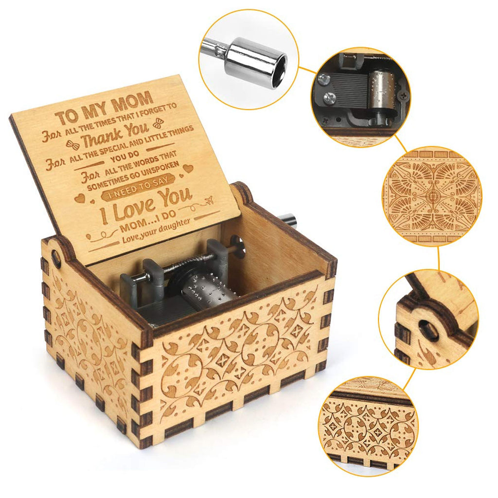Alphynix 1 pièce Boîte à musique « À ma mère », boîte à souvenirs en bois à manivelle avec message de remerciement plein d'émotion, cadeau émouvant pour mère de sa fille