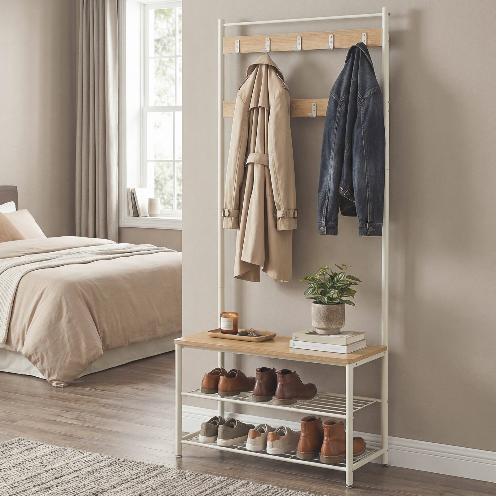 JOYFURNOS Portemanteau, Vestiaire d'entrée avec banc de rangement pour chaussures, 32 x 70 x 177 cm, Industriel, Naturel et blanc