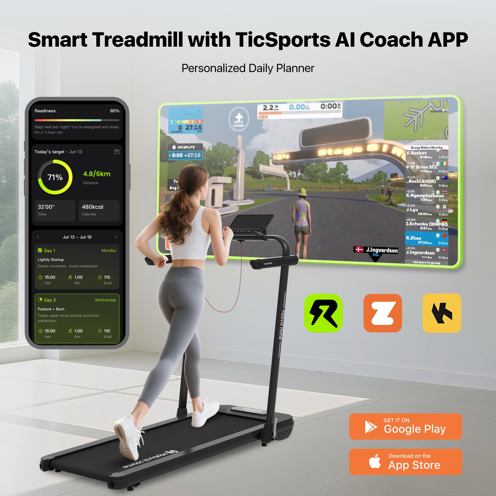 Mobvoi Tapis de course SE pliable 3-en-1, IA intelligente, 2,5 CV, compact, sous bureau, télécommande, application TicSports, rangement facile, 120 kg, 12 km/h, noir