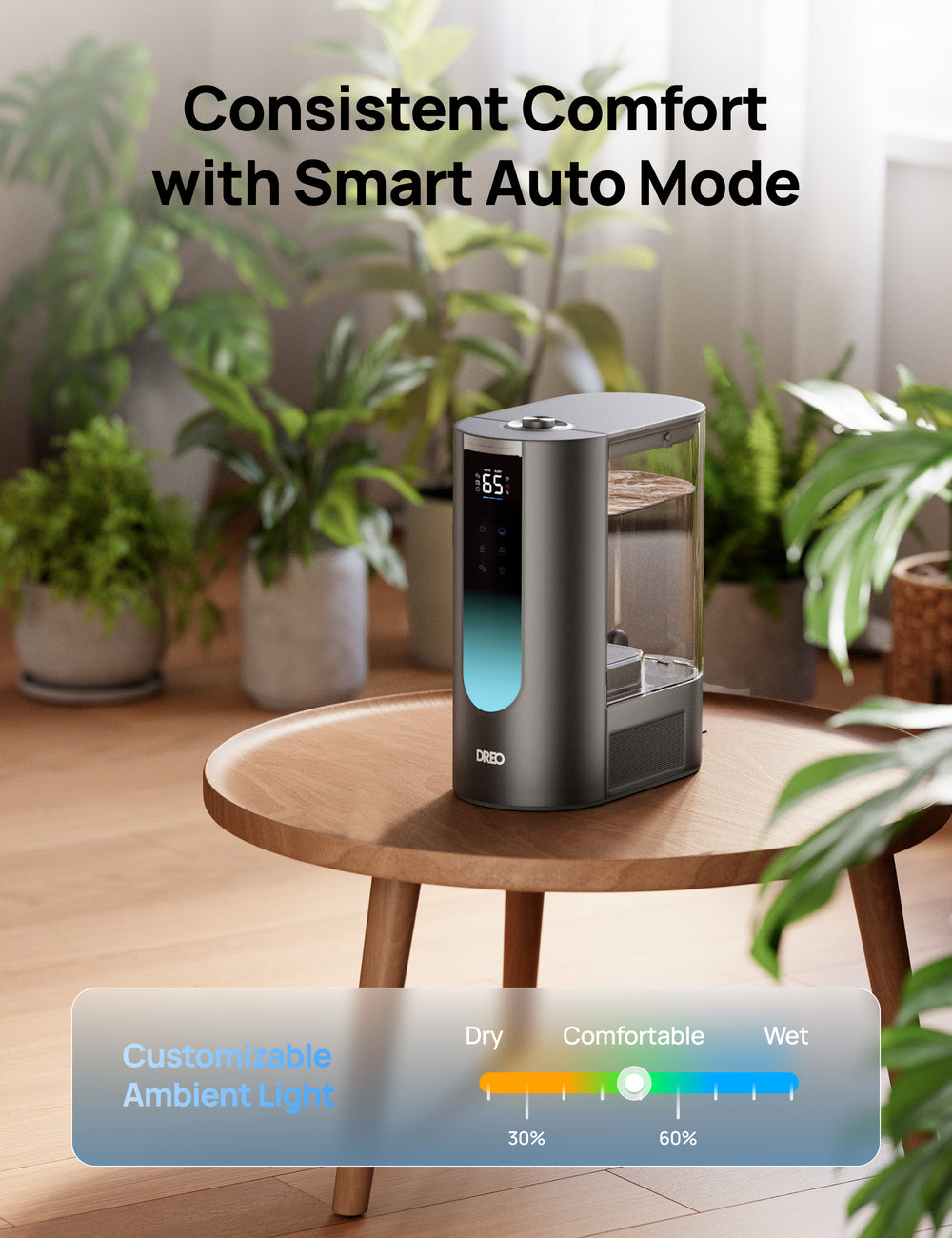 DREO Humidificateur ultrasonique intelligent, 6 L, 500 ml/h, brume chaude et froide, contrôle App, régulation humidité 5 %, doubles diffuseurs d'arômes, HHM013S