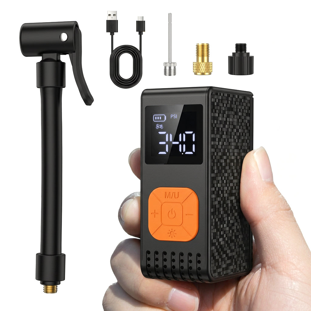 Porbi Pompe à Air Portable (1600 mAh, Modèle Q32) – Noir ; dispose de trois modes de gonflage pour motos, vélos et ballons de sport.