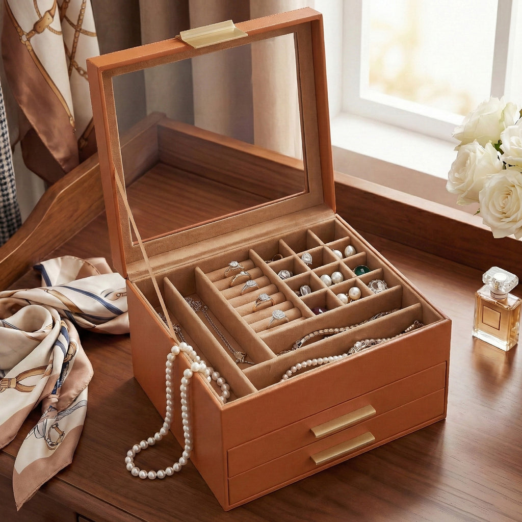 JOYFURNOS Boîte à Bijoux avec Couvercle en Verre, à 3 Niveaux, 2 Tiroirs, Marron et Doré