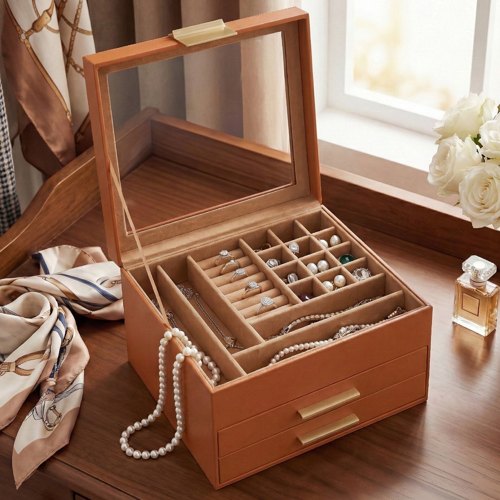 JOYFURNOS Boîte à Bijoux avec Couvercle en Verre, à 3 Niveaux, 2 Tiroirs, Marron et Doré