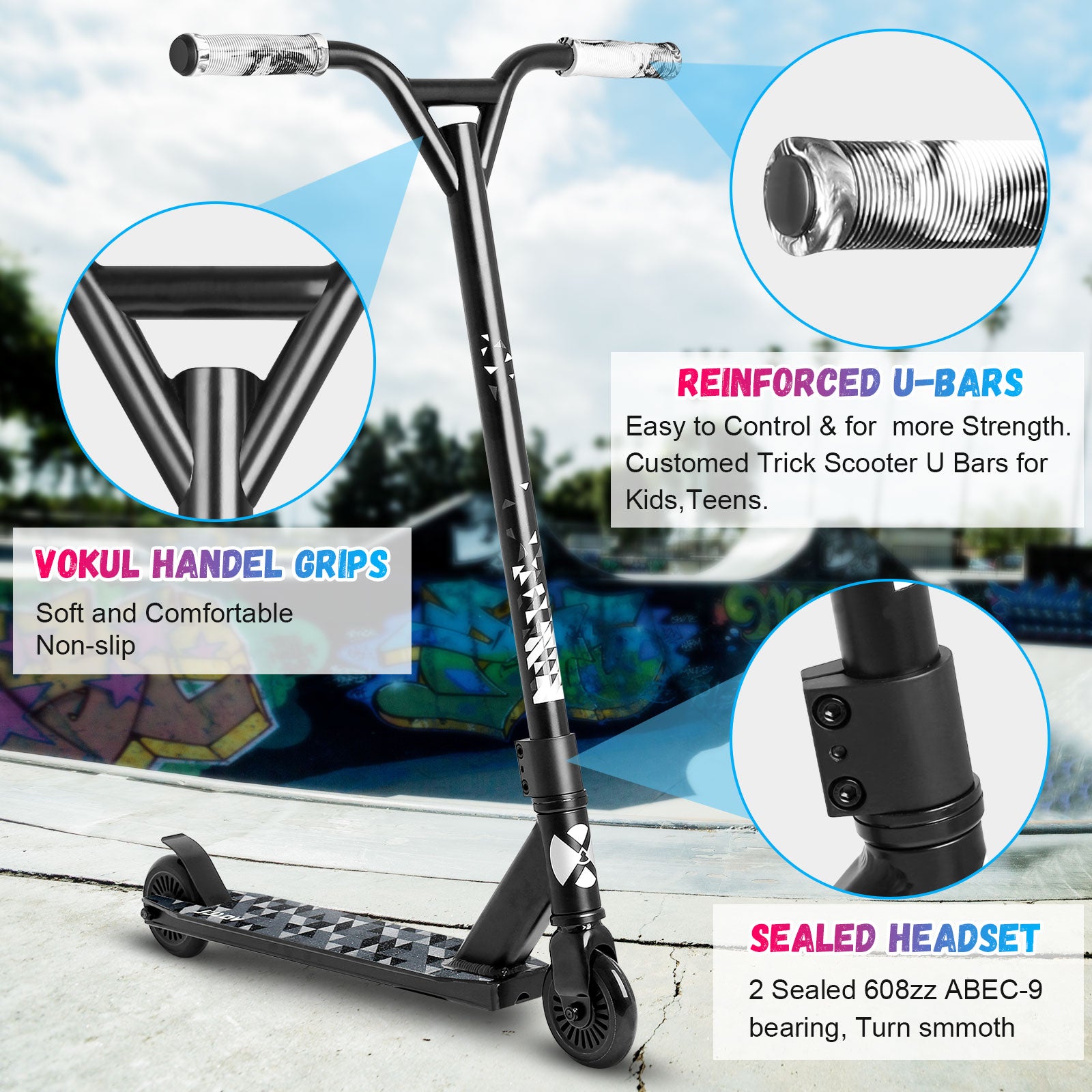 VOKUL S2 Trottinette pro complète pour enfants, garçons, filles et adolescents à partir de 6 ans - Trottinette freestyle pro pour figures et cascades - Cadeau haute performance pour figures en skatepark et dans la rue